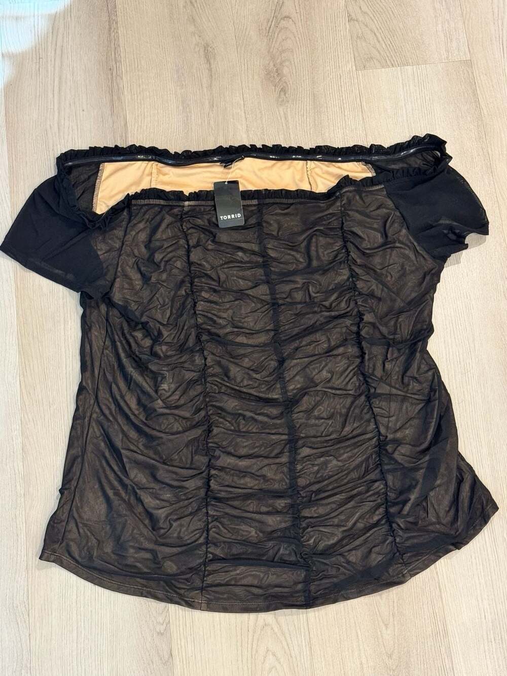 Torrid Mesh Top Size 4 Black Ruched Off Shoulder Short Sleeve